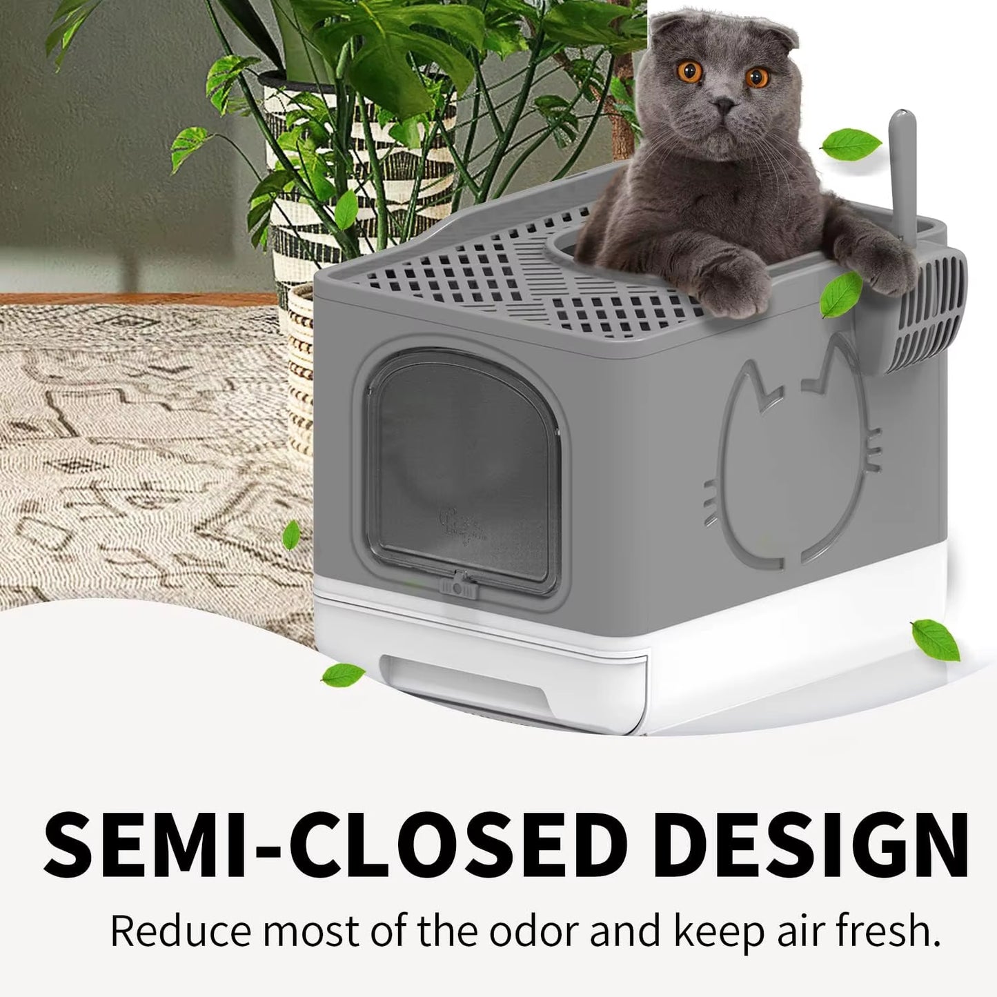 AFP Large Space Detachable Semi-Closed Enclosure Cat Toilet Furniture Grey Sand Color Foldable Cat Litter Box with Top Entrance