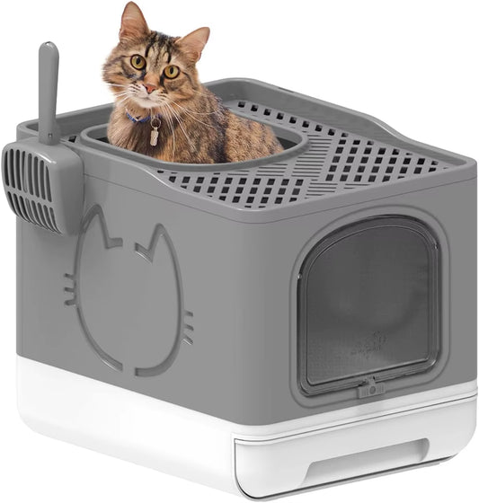 AFP Large Space Detachable Semi-Closed Enclosure Cat Toilet Furniture Grey Sand Color Foldable Cat Litter Box with Top Entrance